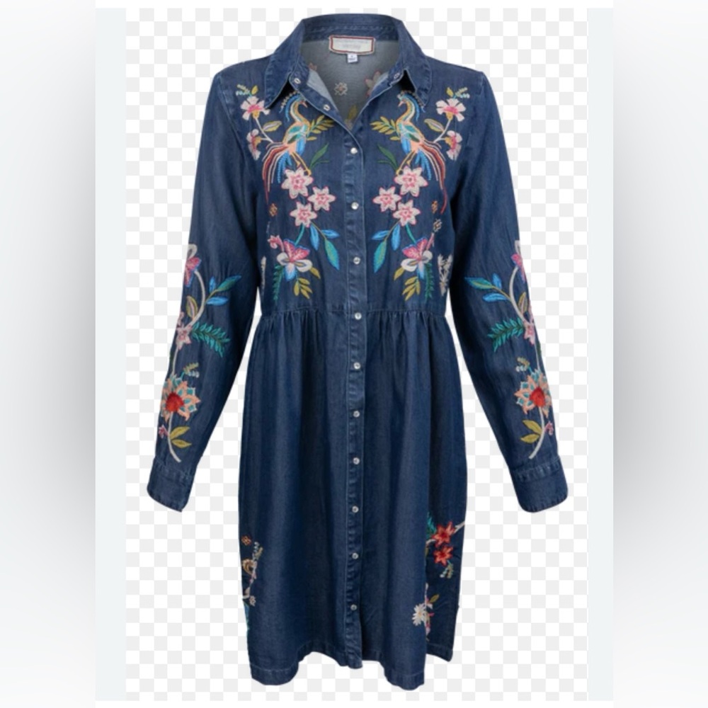 Johnny Was Blue Floral Embroidered Dress; Size XL